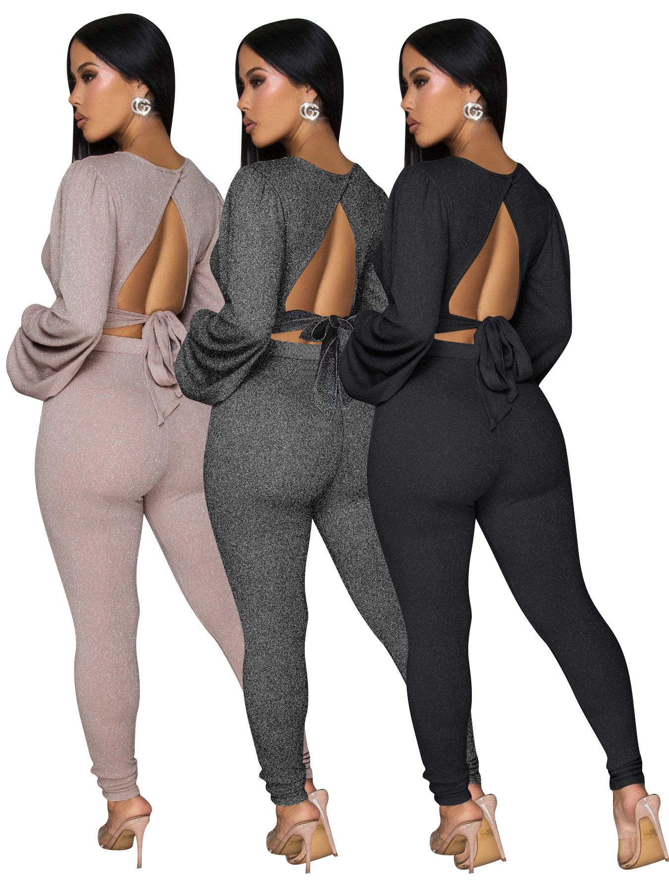 Women Deep V-Neck Backless Lace-Up Short Lantern Sleeve Top and Trousers Two-Piece Set