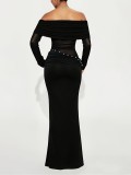 Solid Color Mesh Patchwork Imitation Pearl Off-Shoulder Bodycon Long Dress