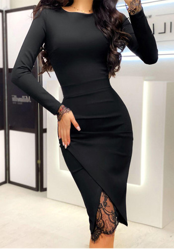 Women Black Long-Sleeved Lace Cross Bodycon Dress