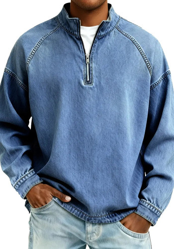 Men's Retro Zip-Front Stand Collar Long Sleeve T-Shirt