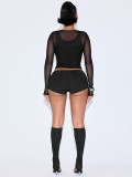 Women Sexy Solid Mesh Long-Sleeve See-Through Four-Piece Set