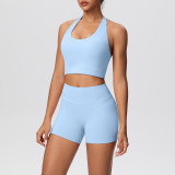 Solid Color Tight-Fitting Halter Neck Tank Shorts Yoga Set