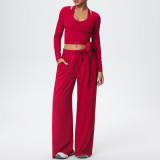 Solid Color Drawstring Long Sleeve Top and Tank Three-Piece Pants Set