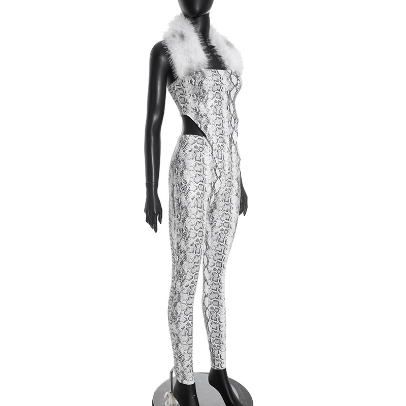 Fall Halter Neck Strapless Patchwork Low Back Snake Print Cropped Top Pants Set