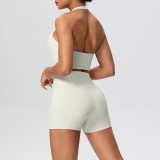 Solid Color Tight-Fitting Halter Neck Tank Shorts Yoga Set
