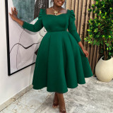 African Women Autumn/Winter Solid Square Neck Dress