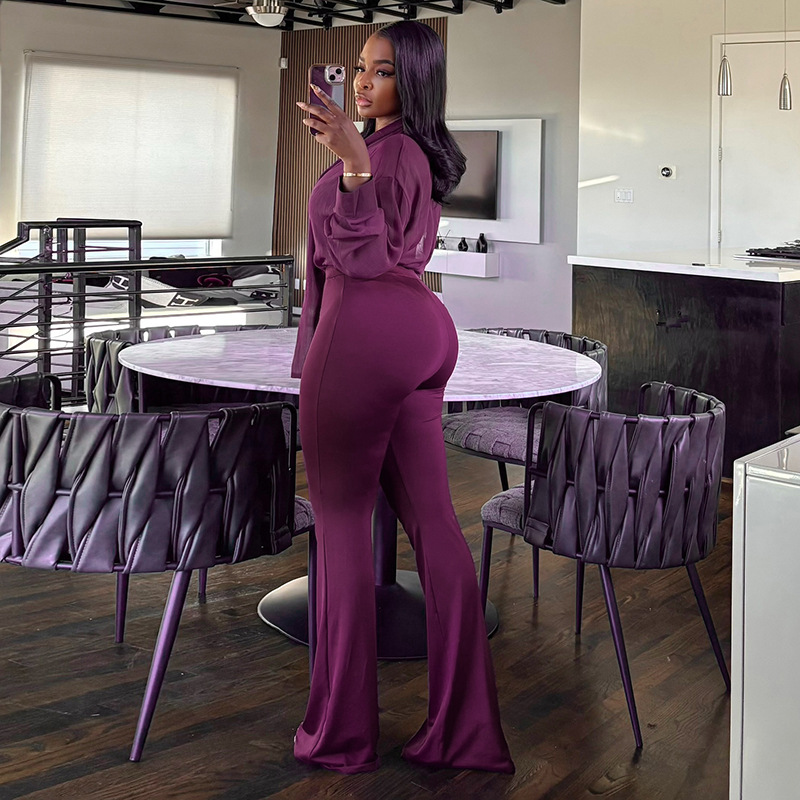 Fall V-Neck Mesh Tie-Front Blouse and High-Waist Bell Bottom Pants Set