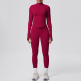 Seamless Solid Color Tight-Fitting High-Stretch Zip-Front Jogger Leggings Set