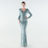 Plus Size Women Sequined V-Neck Evening Dress Formal Party Maxi Evening Dress