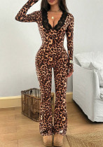 Women Sexy Leopard Print Lace-Up Long-Sleeve Jumpsuit