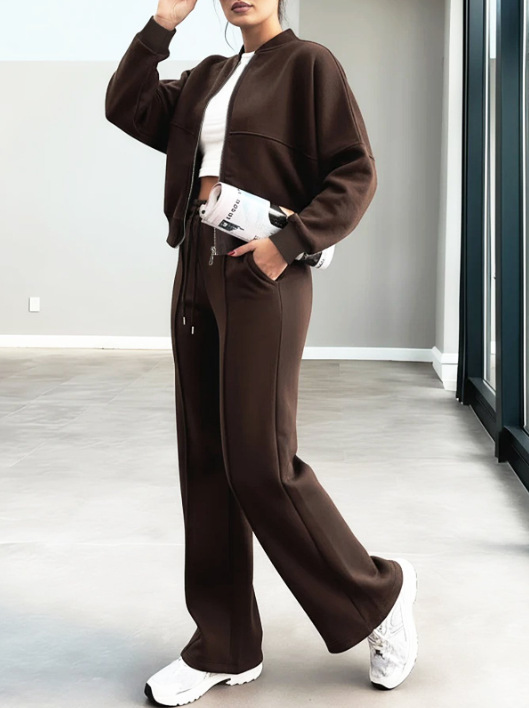 Women Casual Long-Sleeved Zipper Top and Pants Two-Piece Set