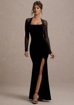 Women Autumn/Winter Sexy Mesh Patchwork Hollow-Out Slit Long-Sleeve Dress