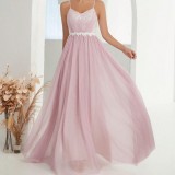 Mesh Lace Trim Contrast Strap Summer Elegant Evening Dress
