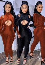 Stylish Casual Mid-Neck Velvet Jumpsuit