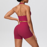 Solid Color Tight-Fitting Halter Neck Tank Shorts Yoga Set