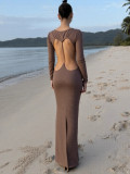Women Autumn/Winter Sexy Round Neck Hollow-Out Backless Long-Sleeve Dress