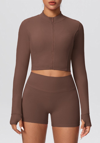 Solid Color Crop Jacket and Shorts Tight-Fitting Yoga Set