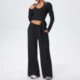Solid Color Drawstring Long Sleeve Top and Tank Three-Piece Pants Set