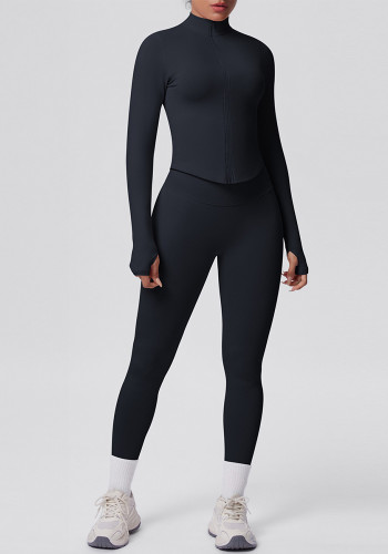 Seamless Solid Color Tight-Fitting High-Stretch Zip-Front Jogger Leggings Set
