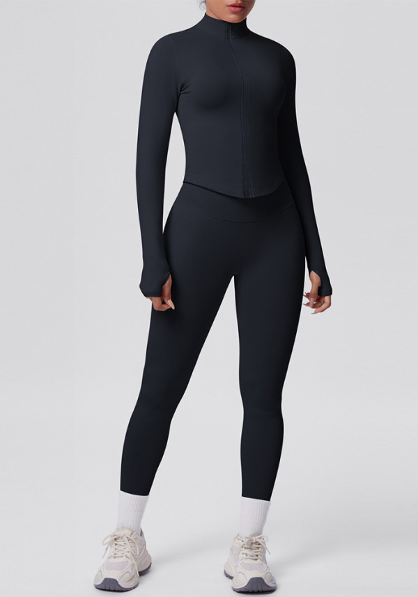 Seamless Solid Color Tight-Fitting High-Stretch Zip-Front Jogger Leggings Set