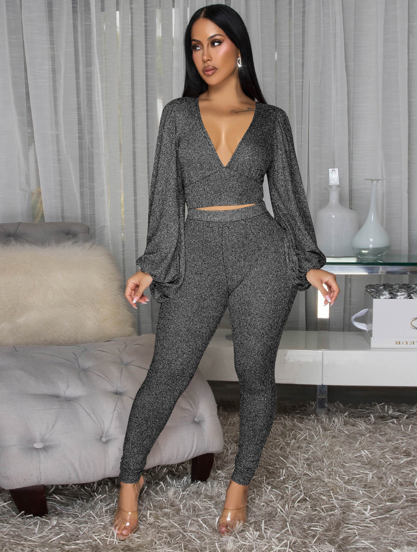 Women Deep V-Neck Backless Lace-Up Short Lantern Sleeve Top and Trousers Two-Piece Set