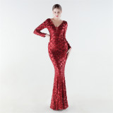 Plus Size Women Sequined V-Neck Evening Dress Formal Party Maxi Evening Dress