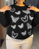 Women Beaded Butterfly Black Top