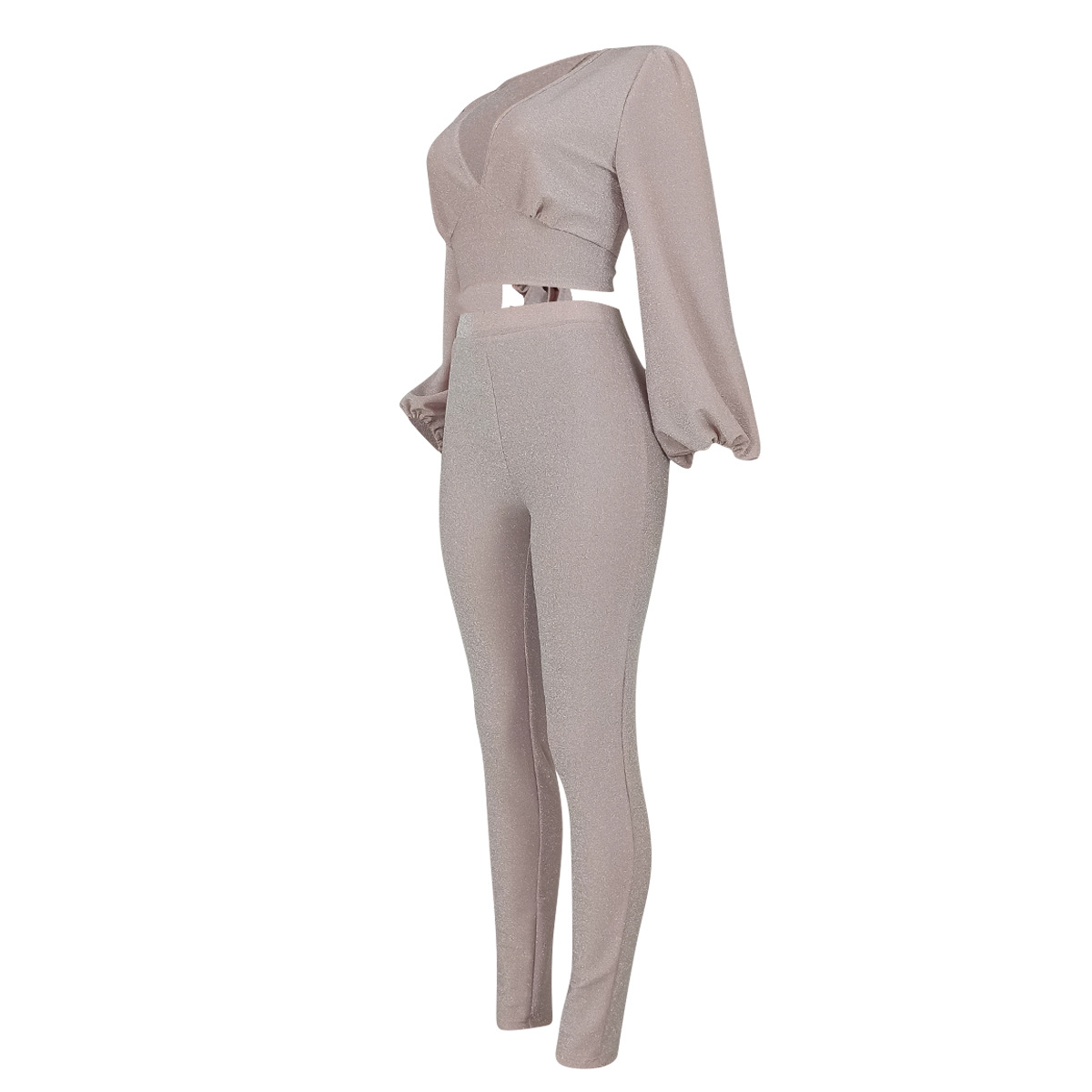 Women Deep V-Neck Backless Lace-Up Short Lantern Sleeve Top and Trousers Two-Piece Set