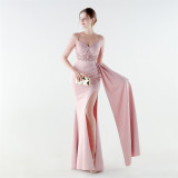 Women Spaghetti Strap Slit Beaded Mermaid Lace-Up Mermaid Evening Dress
