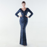 Plus Size Women Sequined V-Neck Evening Dress Formal Party Maxi Evening Dress