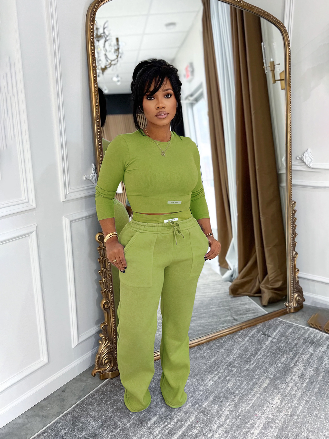 Women Autumn/Winter Casual Solid Top and Pant Two-Piece Set