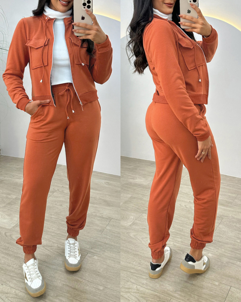 Women Casual Hooded Pocket Zipper Top + Lace-Up Jogger Pants Two-Piece Set