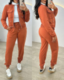 Women Casual Hooded Pocket Zipper Top + Lace-Up Jogger Pants Two-Piece Set