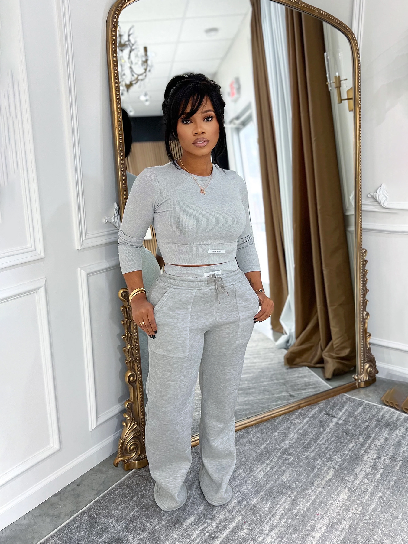 Women Autumn/Winter Casual Solid Top and Pant Two-Piece Set