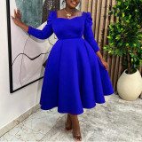 African Women Autumn/Winter Solid Square Neck Dress