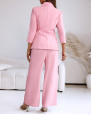 Women Solid Turndown Collar Lace-Up Casual Top and Pant Two-Piece Set