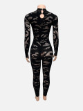 Women Sexy Round Neck Long-Sleeved Hollow Lace Jumpsuit