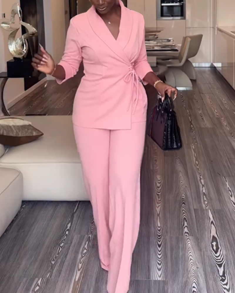 Women Solid Turndown Collar Lace-Up Casual Top and Pant Two-Piece Set