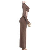 Women Autumn/Winter Sexy Round Neck Hollow-Out Backless Long-Sleeve Dress