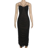 Women Autumn/Winter Pleated V-Neck Sexy Backless Mesh Camisole Dress