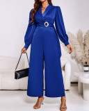 Women Solid Buckle Long-Sleeved Wide-Leg Jumpsuit
