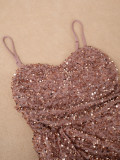 Women Sexy Spaghetti Strap Slit Sequin Patchwork Elegant Evening Dress