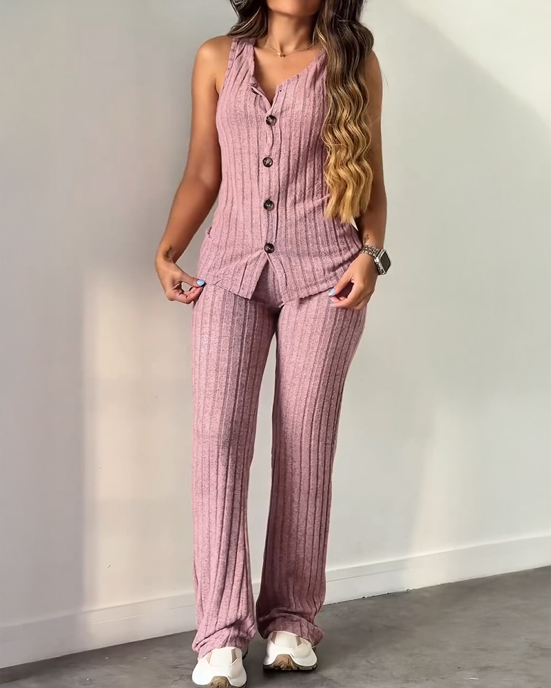 Women Button Ribbed Knitting Sleeveless Top and Bell Bottom Two-Piece Set