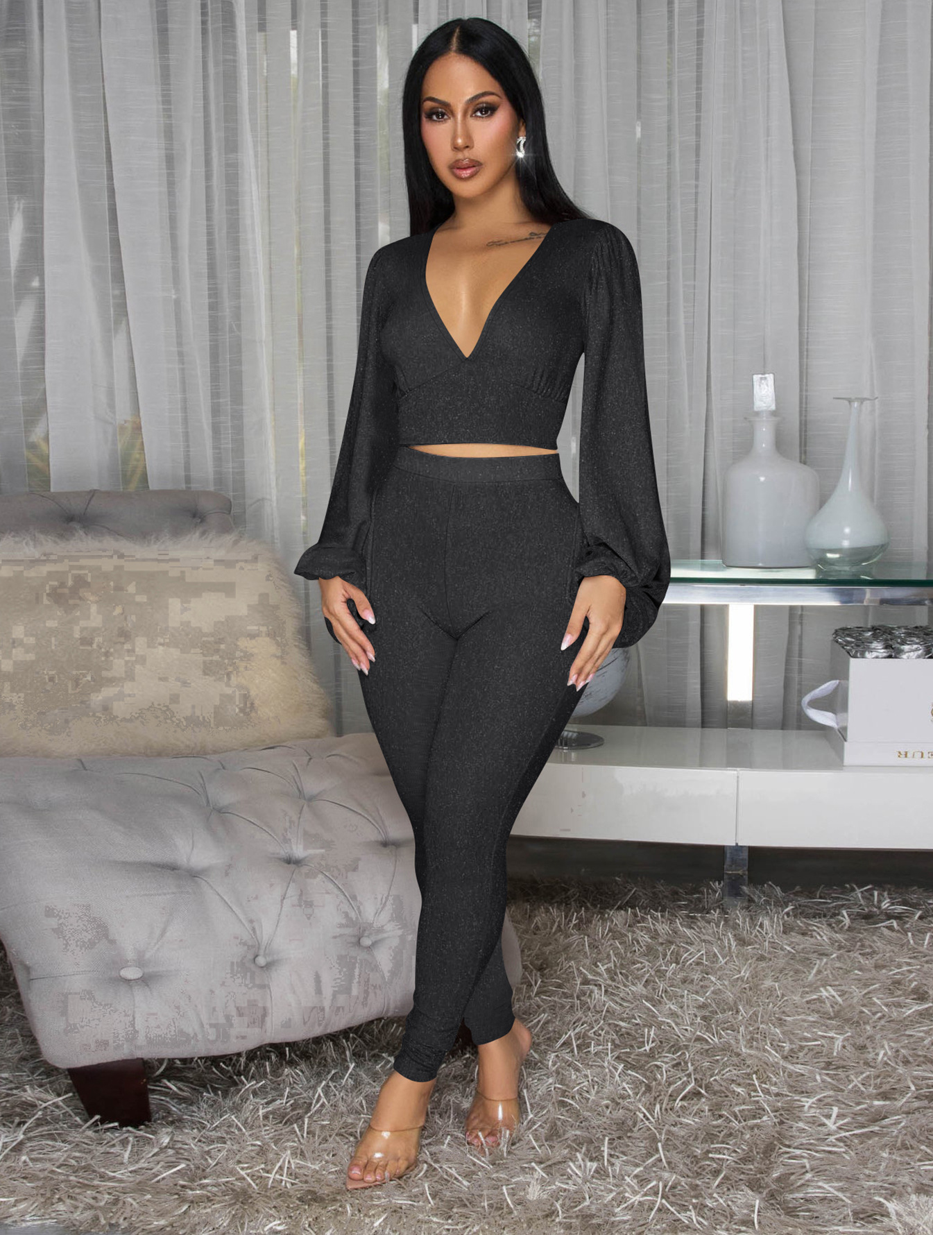 Women Deep V-Neck Backless Lace-Up Short Lantern Sleeve Top and Trousers Two-Piece Set