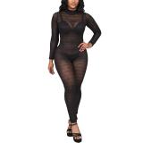Women Sexy See-Through Mesh Backless Long-Sleeve Jumpsuit