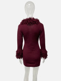 Women Autumn Tassel V-Neck Solid Long-Sleeved Knitting Dress