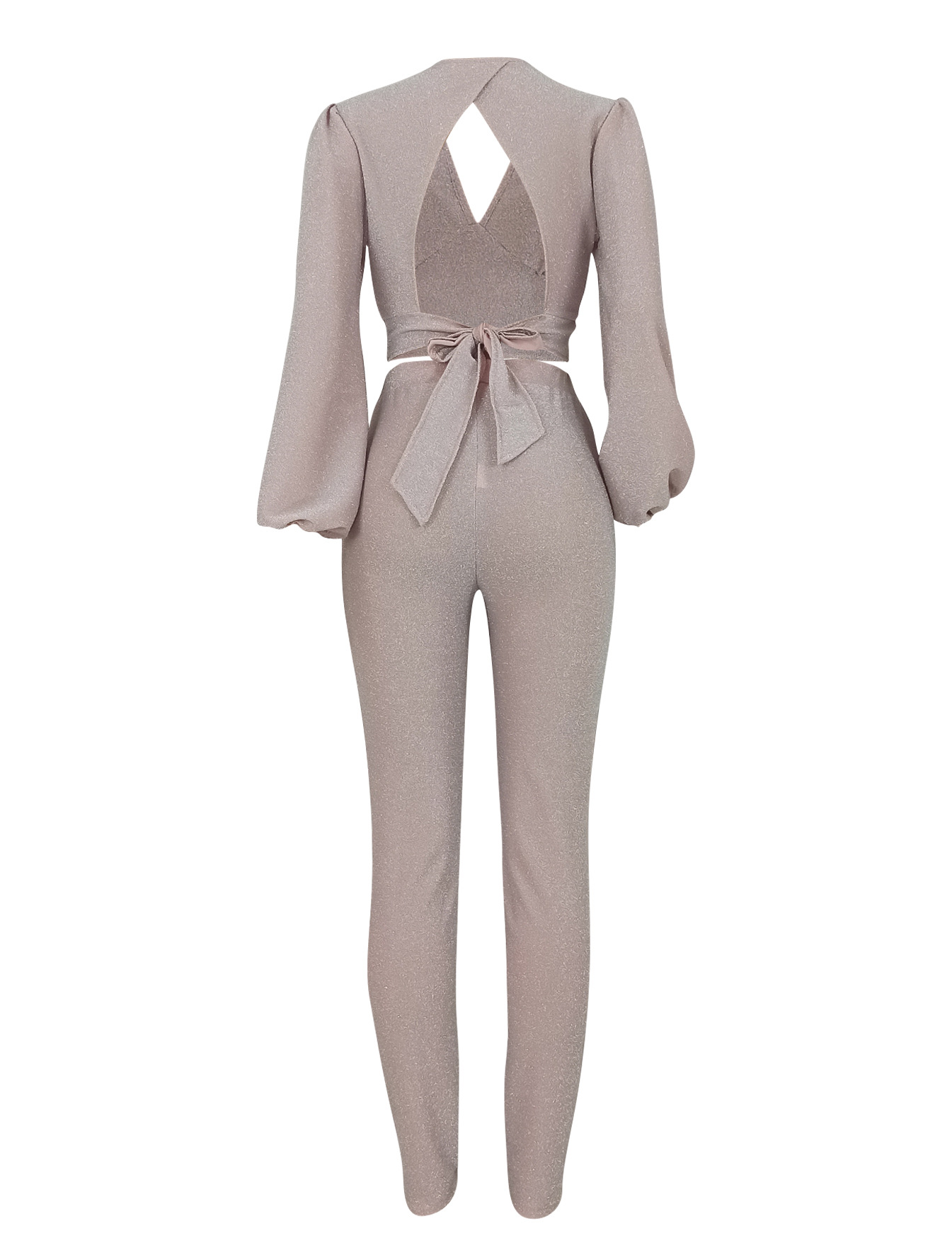 Women Deep V-Neck Backless Lace-Up Short Lantern Sleeve Top and Trousers Two-Piece Set