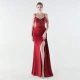 Women Spaghetti Strap Slit Beaded Mermaid Lace-Up Mermaid Evening Dress