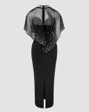 Women Beaded Patchwork Mesh Cape + Dress Two-Piece Set