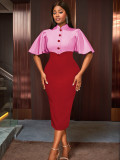 Women Retro Half-High Collar Contrast Ruffle Sleeve Elegant Party Dress